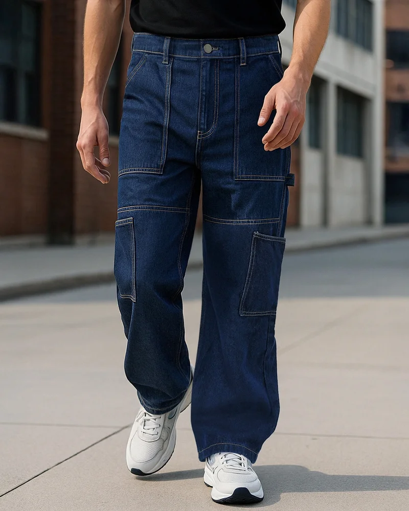 bewakoof Men's Blue Washed Baggy Fit Carpenter Mid-Rise Jeans